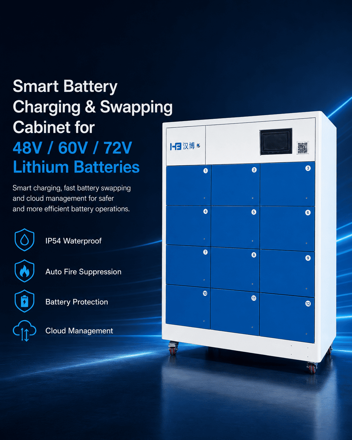 IP54 Weatherproof 12-Bay E-Bike Battery Swapping Cabinet with Fire Suppression 1 12 Bay E Bike Battery Swapping Cabinet