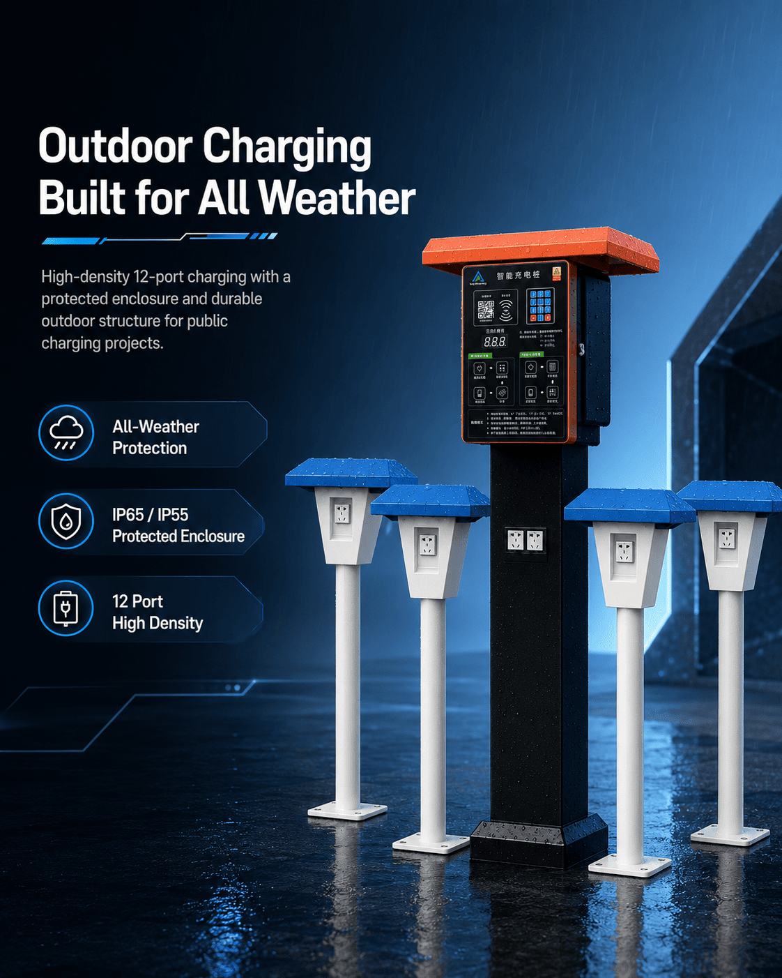12-Channel Pedestal E-Bike Charging Station with Protective Roof 1 12 Channel Pedestal E Bike Charging Station