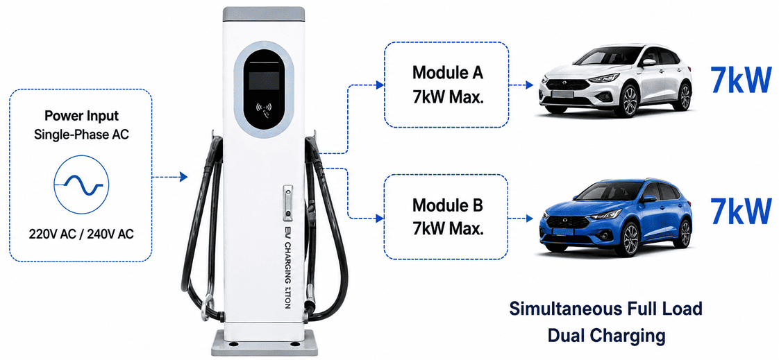 14kW Dual-Gun Commercial Floor-Mount AC EV Charging Pillar 8 7kW7kW dual gun pedestal AC charging station