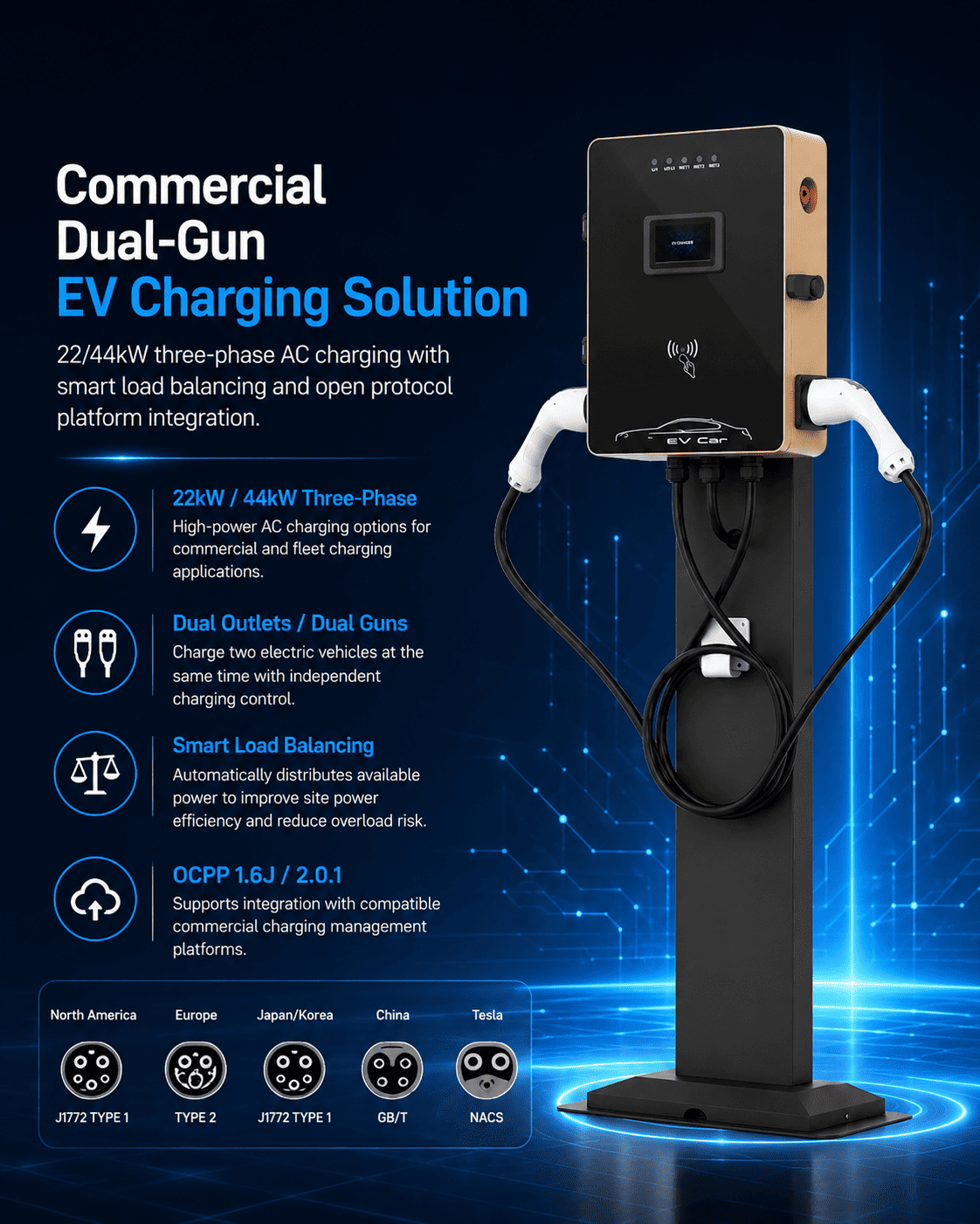 22/44kW Dual-Port EV Charging Station | Commercial Pedestal EVSE 1 Commercial 44kW dual gun AC charger manufacturer