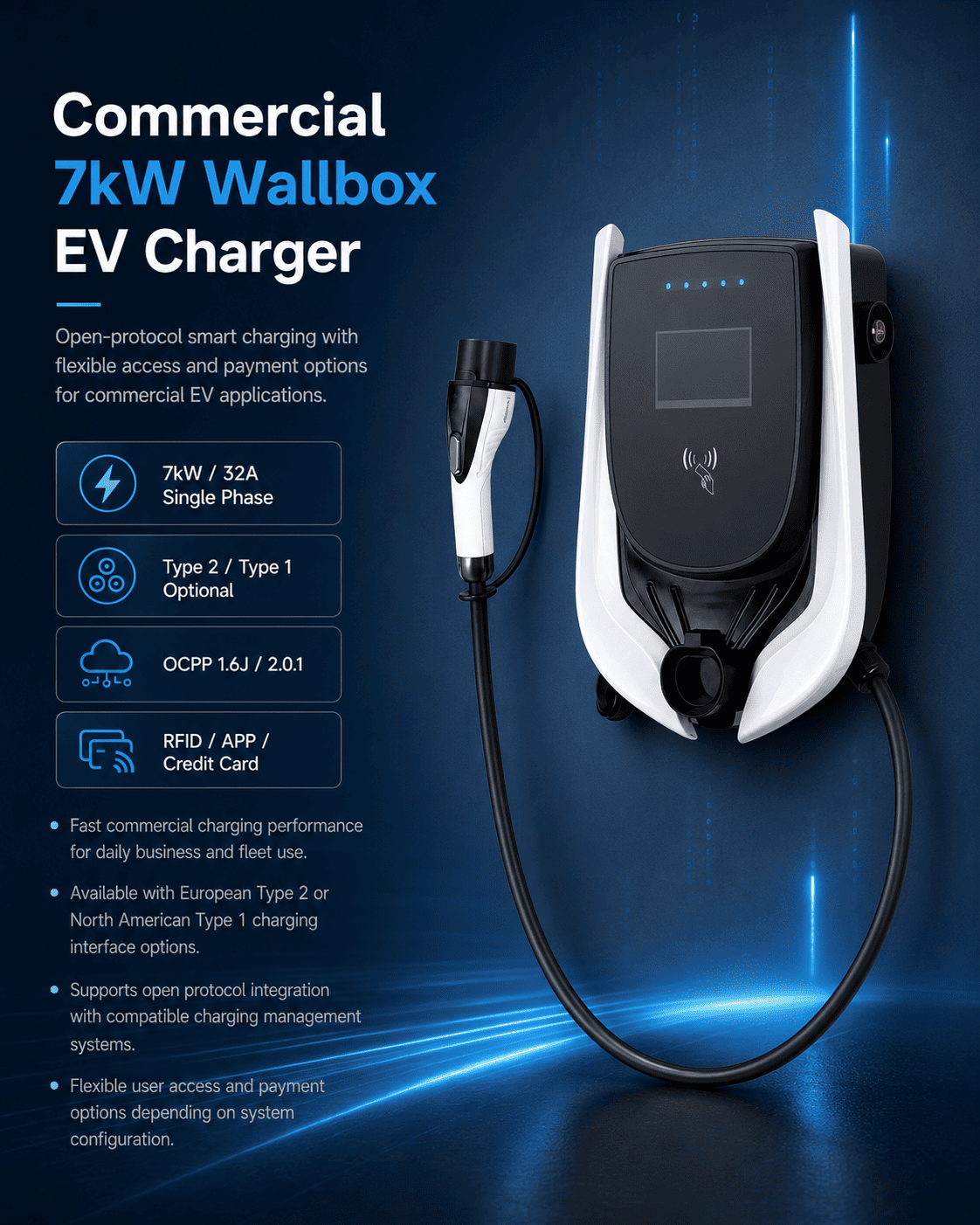 7kW Smart EV Charging Station | Level 2 Wallbox with Type 2 Cable 1 Commercial 7kW Wallbox EV Charging station