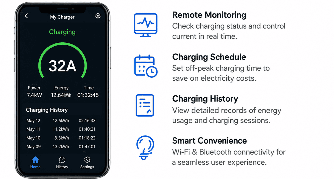 7kW Wallbox EV Charger | 32A Wall-Mounted Smart EVSE Charging Station 2 smart ev charger app control